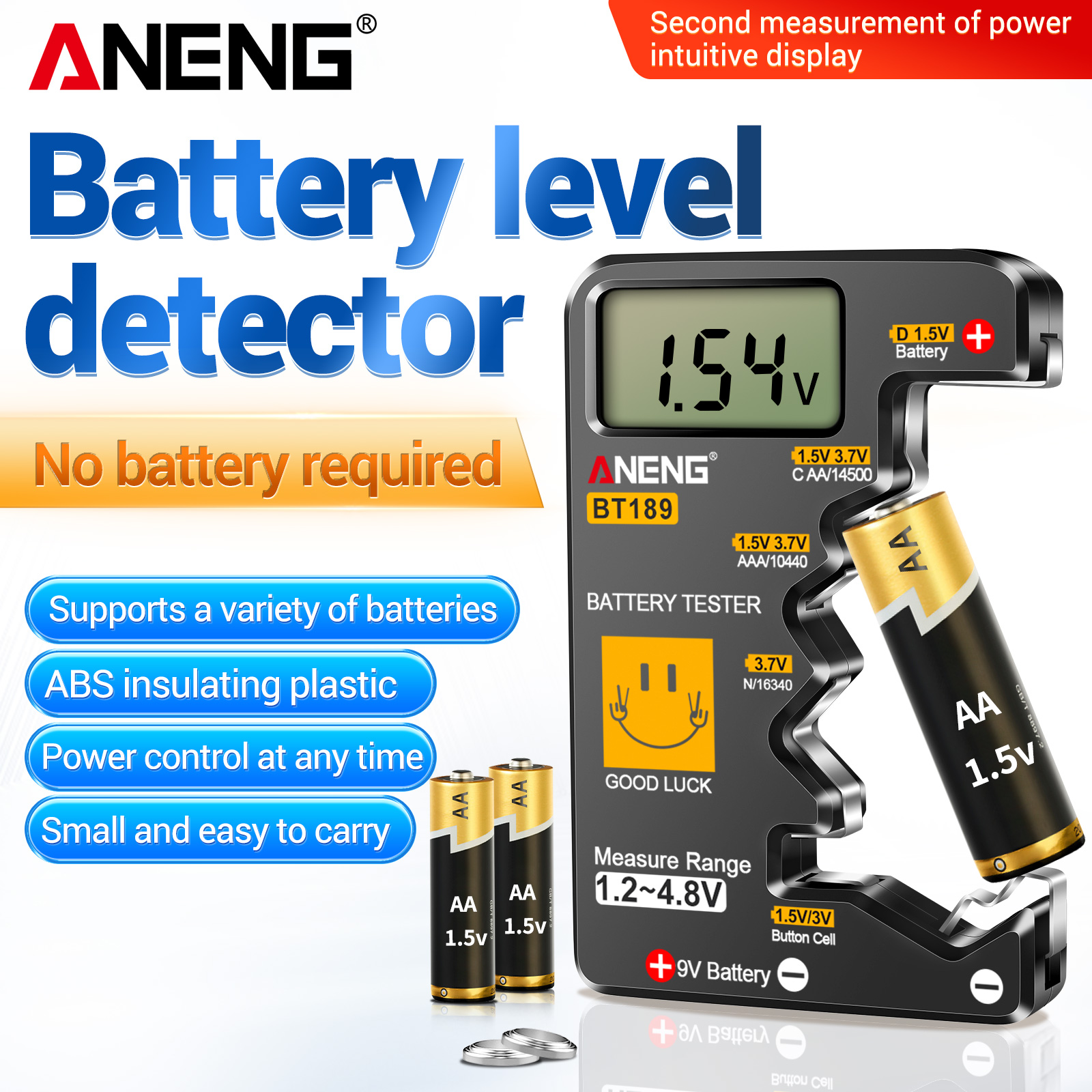 ANENG BT189バッテリーテスターは、AA/AAA/C/D/9V/ボタン電池を測定できる家庭用LCDディスプレイ搭載の高精度ディスプレイテスターです。