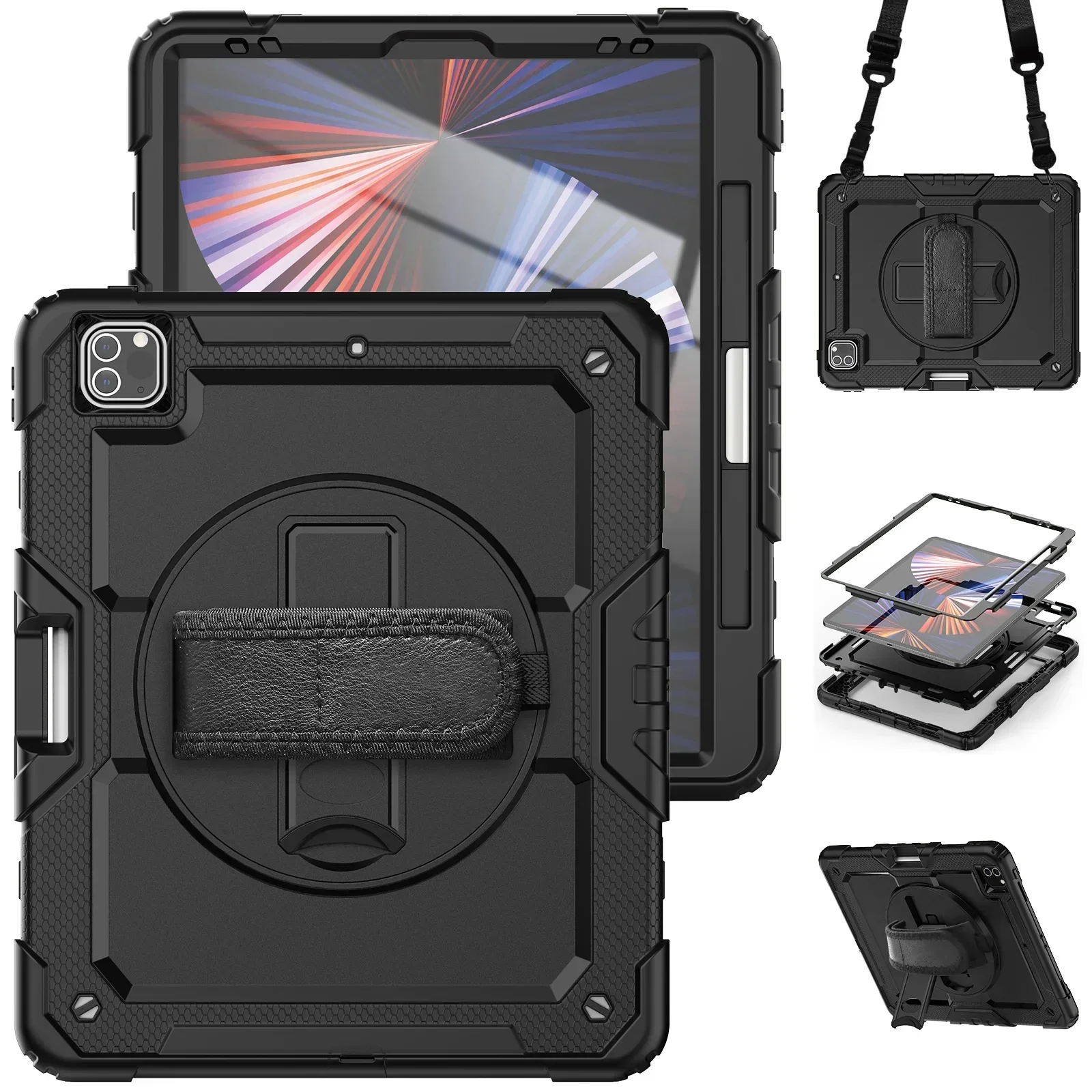 Obrotowy o 360 stopni pokrowiec na tablet dla dzieci do iPada Pro Air 13 11 12.9 10.2 9.7 10 9 8 7 6 5 Th Mini 6 5 4 Pokrowiec + pasek na ramię Funda