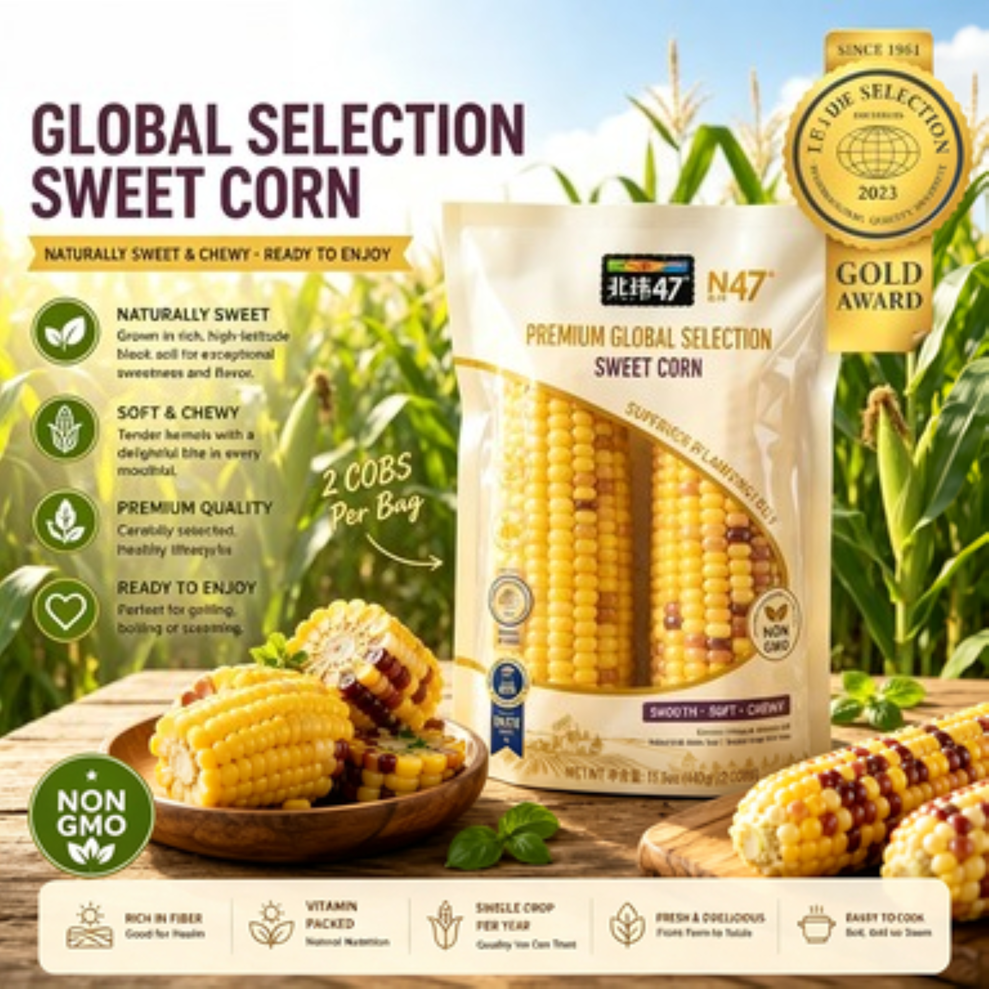 Maíz Ceroso Dulce Fresco Premium, Surtido envasado al vacío. Maíz glutinoso sin OMG, un alimento sabroso y masticable que tanto encanta a niños como a adultos.