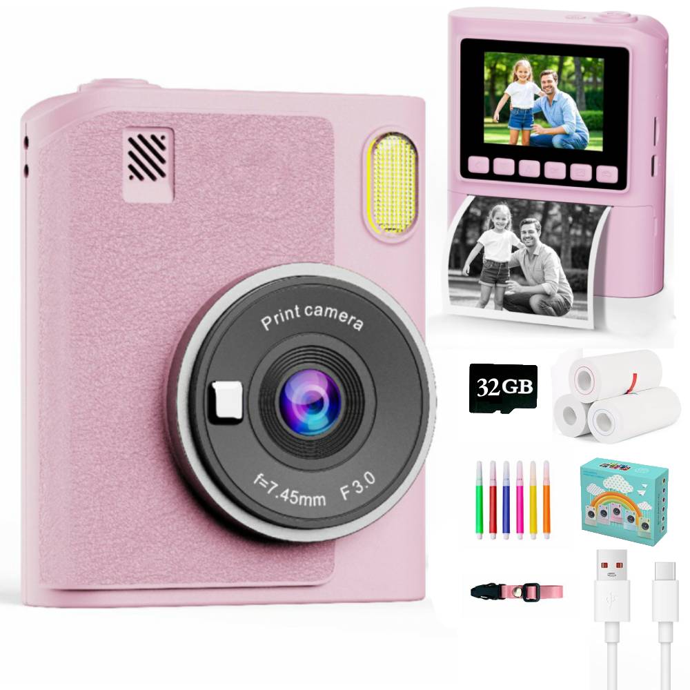Kinder-Sofortdruckkamera, 1080P HD-Videorecorder, 8-facher Zoom, Digitalkamera für Mädchen und Jungen, bestes Geburtstags- und Weihnachtsgeschenk, 32 GB Karte