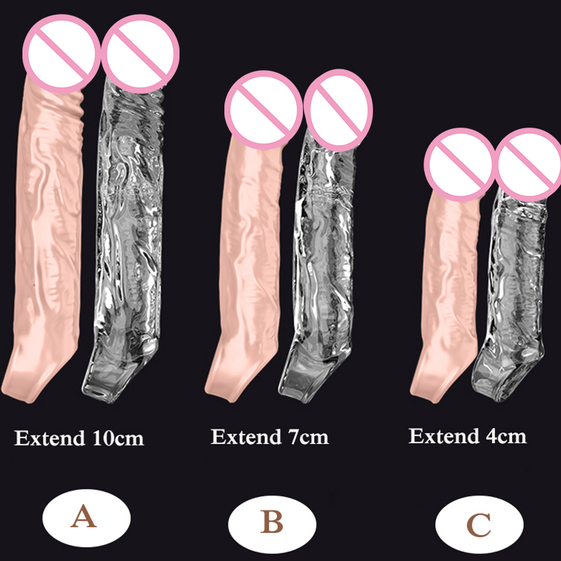 Penis Lengan Panjang Realistis Dildo Kondom Penis Extender 4/7/10CM Menunda Ejakulasi Pria Kontol Pembesaran Mainan Seks untuk Pria