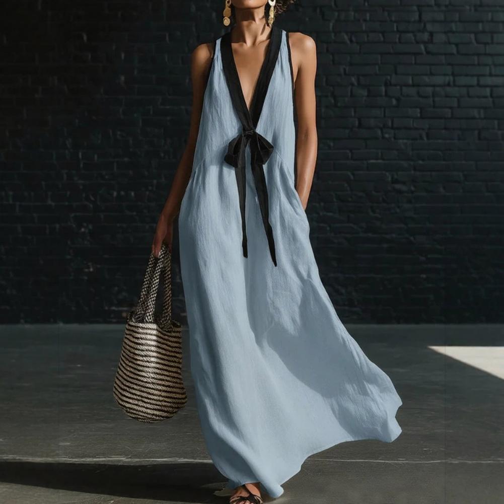 Damen Farbblock-Maxikleid mit tiefem V-Ausschnitt, ärmellos, fließend, locker, langes Tanktop-Kleid, Sommer-Strandkleid mit Taschen