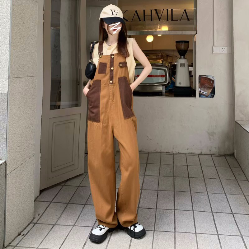 New Japanese retro flavor brown color matching neutral overalls American loose one-piece straight overalls tide 5xl
