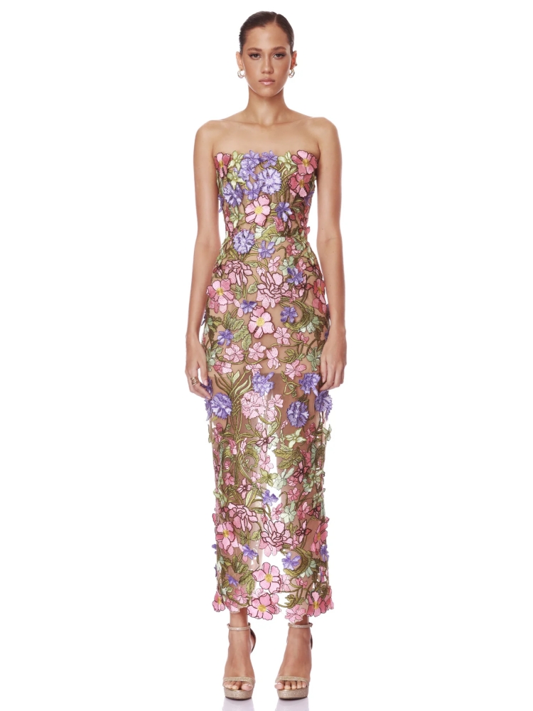 Sexy Strapless Embroidered 3D Floral Long Dress Women Sleeveless Backless Lace-up Flowers Slim Dresses Evening Party Cocktail Go