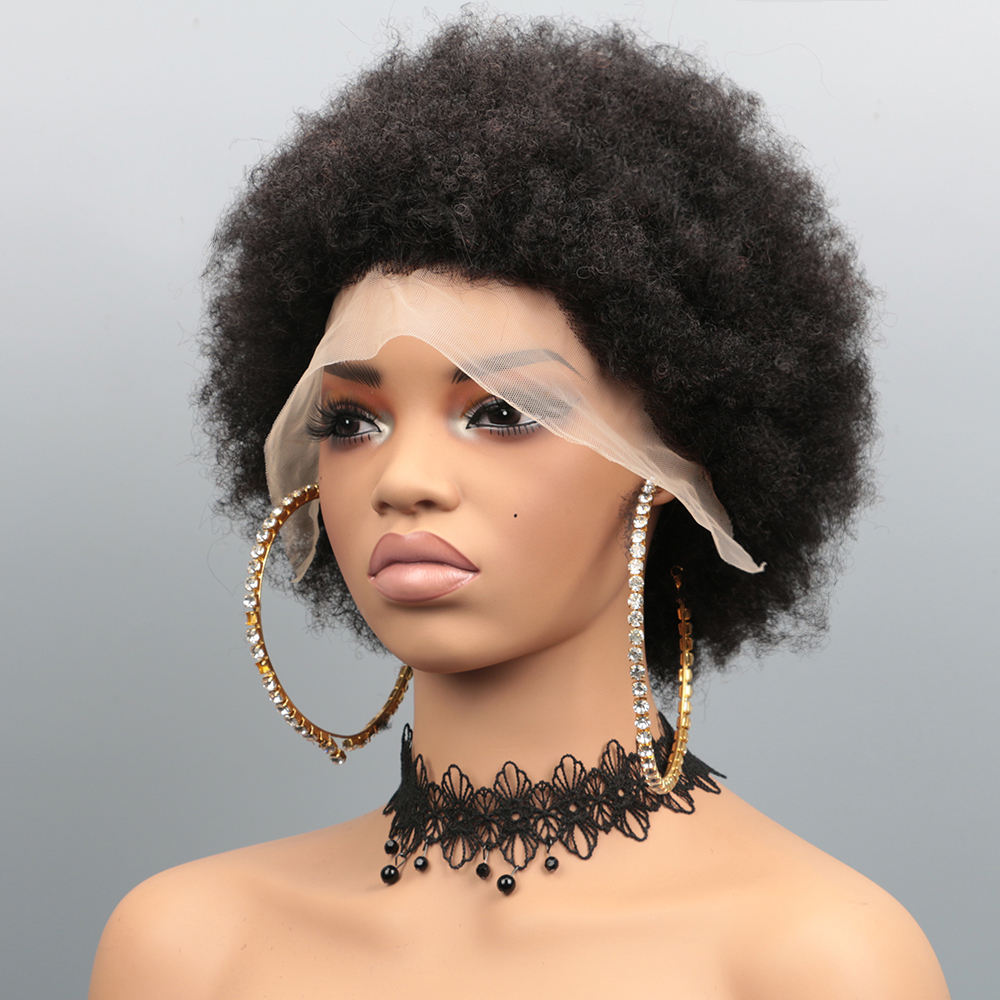 วิกผมแท้ Afro Kinky Curly 13x4 Lace Front ความหนาแน่น 180% ทรง Pixie Cut สั้น สำหรับผู้หญิง วิกผม Remy แบบ Pixie สั้น หยิก 6 นิ้ว