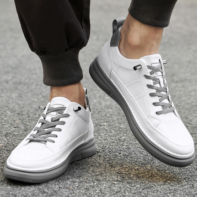 Sepatu Lift Sepatu Tinggi Olahraga Luar Ruangan Putih Sepatu Kasual Bertali Kulit Asli Sepatu Kets 6Cm Tinggi Bagian Dalam Berkualitas Tinggi