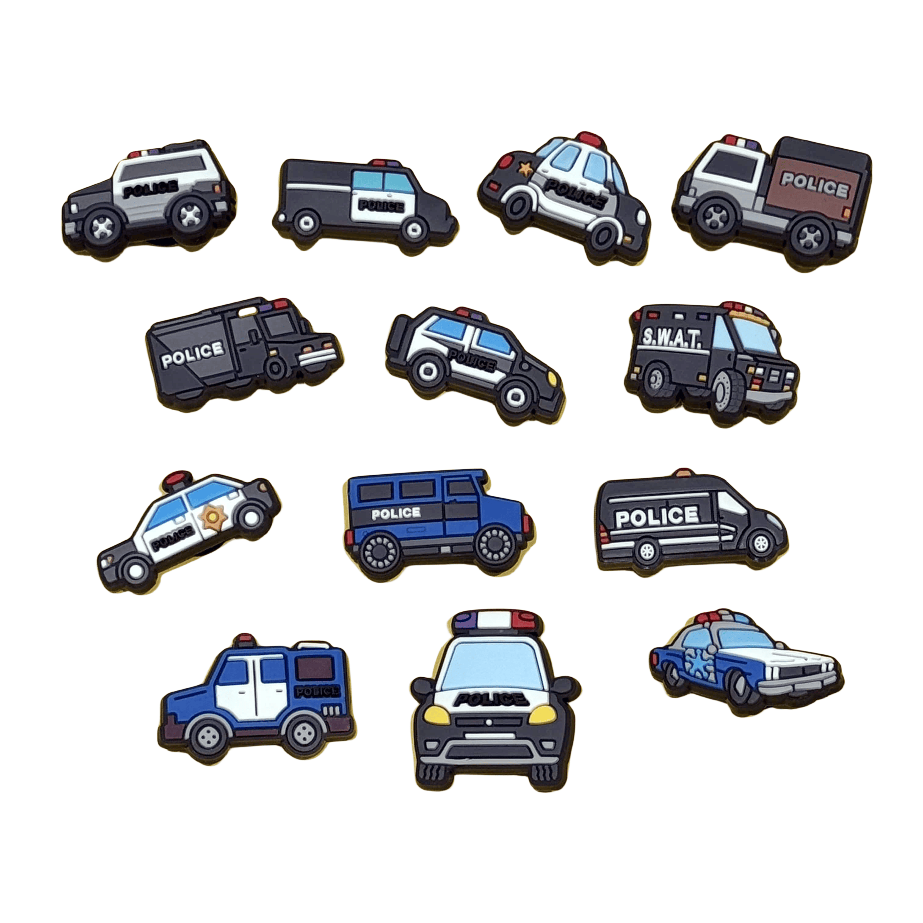 13PCS การ์ตูนยานพาหนะรถตํารวจ PVC รองเท้า Charms สําหรับ DIY สร้อยข้อมือรองเท้าแตะรองเท้าสวนรองเท้าปุ่มตกแต่ง
