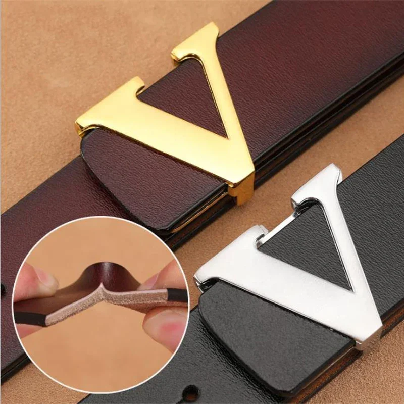 Cinturón con hebilla lisa de alta calidad para hombre, cinturón vaquero con letra V de piel de vaca pura de cuero genuino para hombre y mujer, cinturón masculino de lujo de diseñador