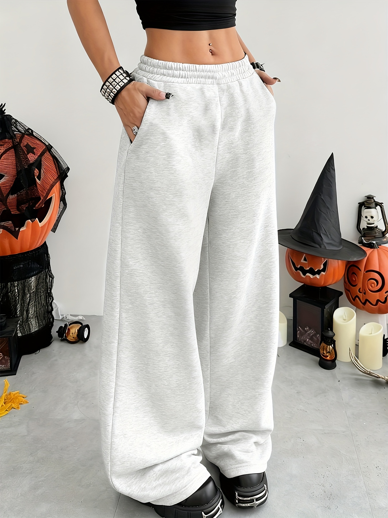 Joggers informales de pierna ancha para mujer con bolsillos en la cintura elástica Color sólido Ajuste cómodo elástico Confort para todas las estaciones