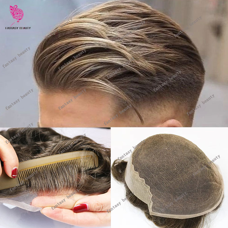 Natuurlijke Haarlijn Q6 Kant Voorkant Mannelijke Pruiken As Blonde Bruin Ademend 100% Menselijk Haar Grijs Mannen Toupetje Kant & Pu Capillaire Prothesi