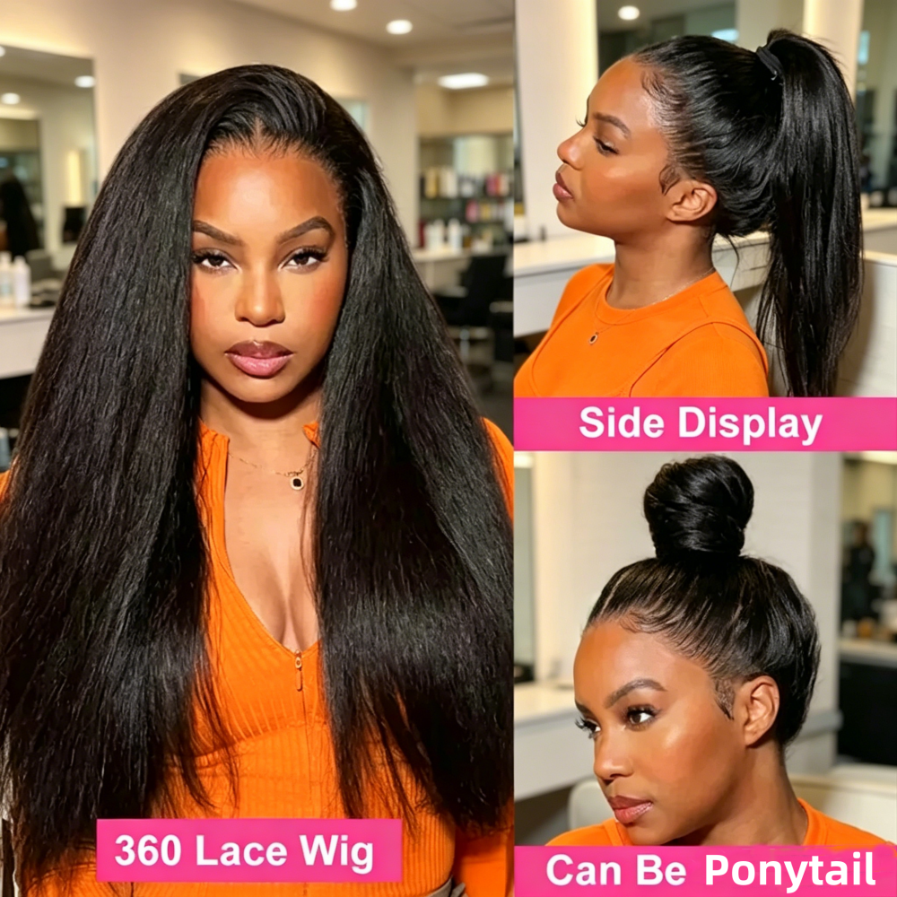 Perucas de Cabelo Humano Liso Kinky com Faixa Invisível de 30-40 Polegadas, Frontal de Renda 360, Densidade 250%, Cabelo Virgem Brasileiro Pré-arrancado, Perucas de Renda HD para Mulheres