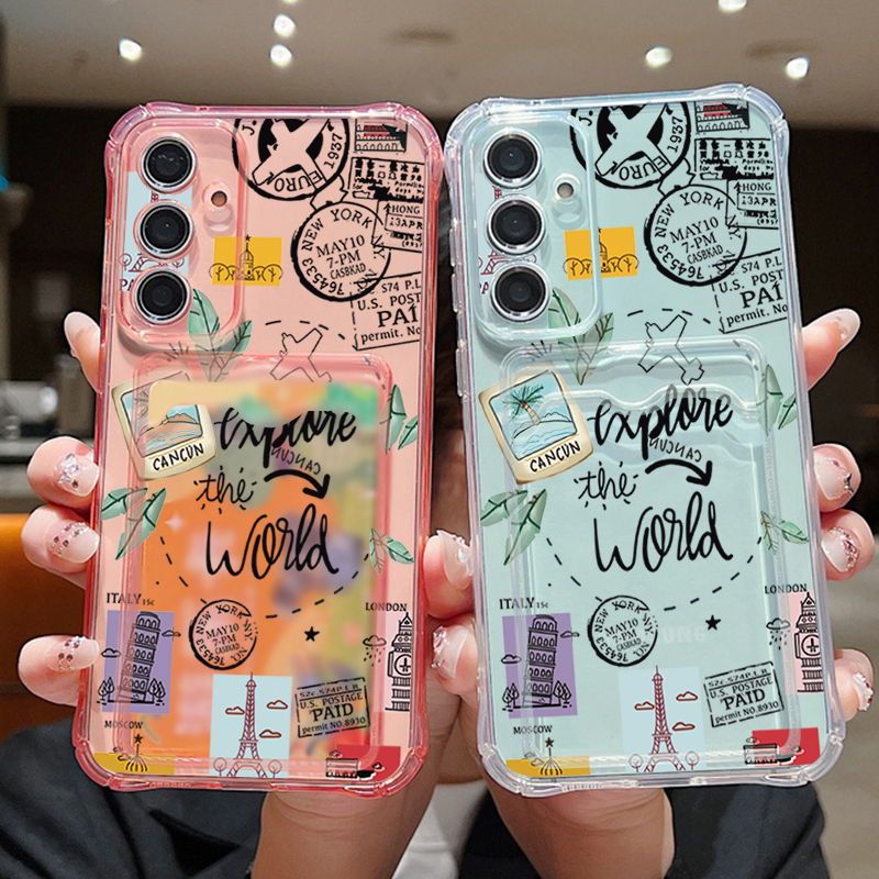 Card Slot Pocket TPU Case For Samsung Galaxy S26 S25 S24 Ultra S23 S24 FE A17 A57 A56 A37 A55 A16 A36 Travel World Print Cover