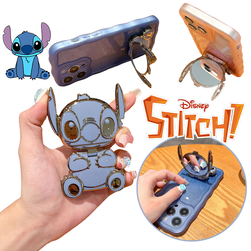 Чехол-держатель для мобильного телефона Disney Stitch с зеркалом, роскошное покрытие в стиле аниме, складная ручка для телефона, настольная портативная подставка, браслет на палец