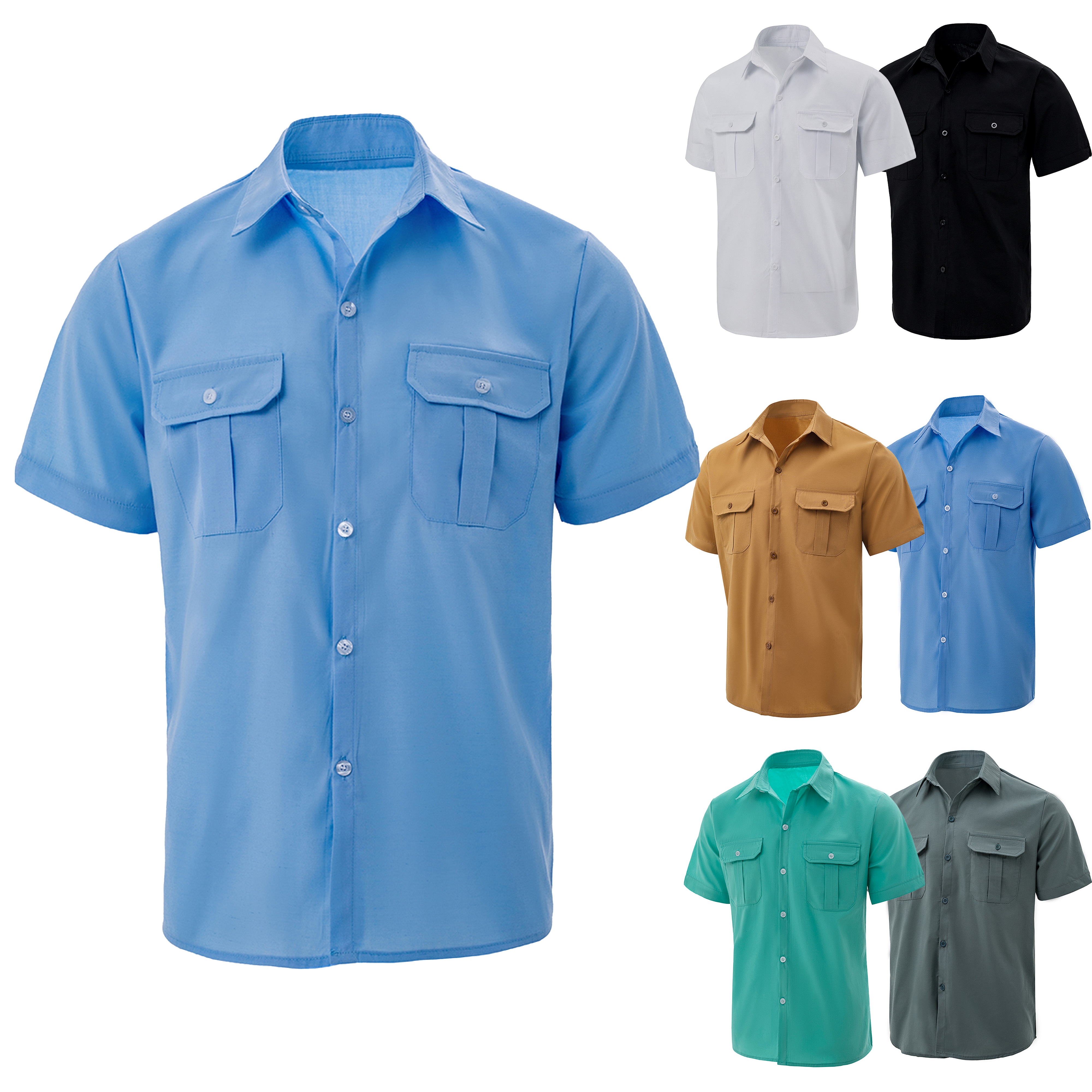 Chemise à Manches Courtes pour Homme, Cardigan Décontracté et Confortable avec Deux Poches et lèvent, Couleur Unie, Été