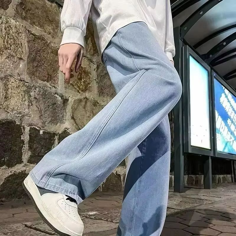 Celana Jeans Pria Model Tali Serut Gaya Amerika untuk Musim Semi dan Gugur, Celana Kasual Longgar dan Serbaguna, Celana Pria Trendy dengan Efek Cuci