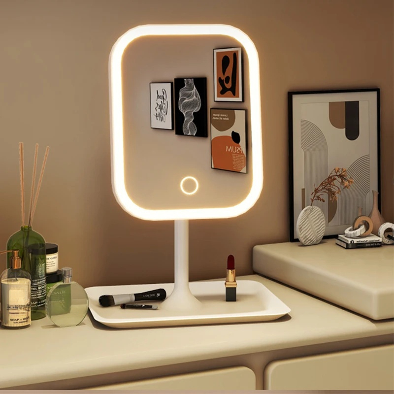 Espejo de Vanidad de Diseño Único con Tres Colores de Luz LED, Espejo de Maquillaje con Control Táctil, Espejo de Escritorio, Espejo de Dormitorio