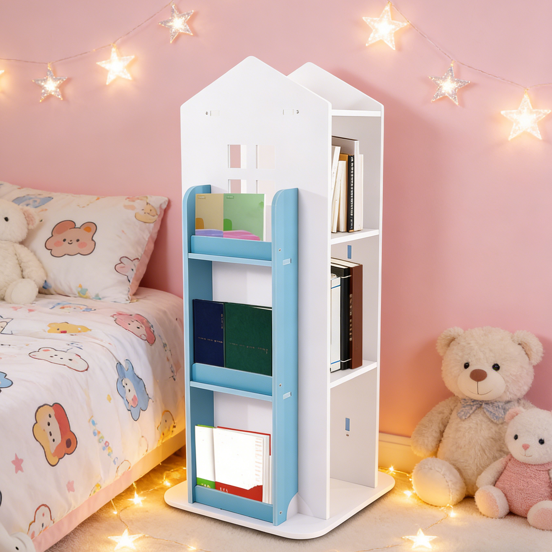 360 °   Rotierendes Bücherregal für Kinder, drehbares Eck-Bücherregal für Kinder, Schlossform für Lehrbücher, Spielzeug, Wohnzimmer, Schlafzimmer