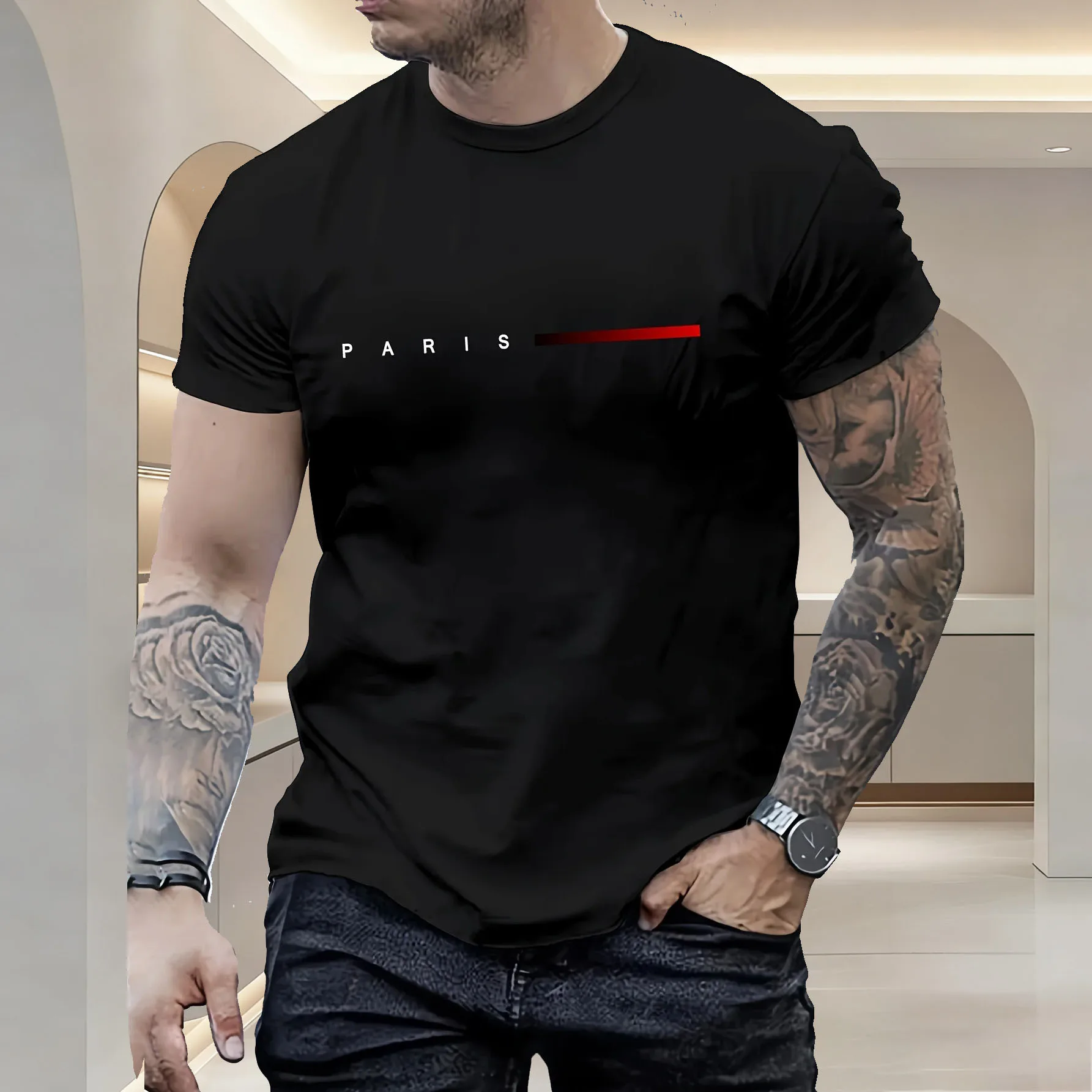 T-shirt da uomo estiva alla moda e versatile, vestibilità ampia, con stampa creativa a lettere in stile Parigi, casual, vestibilità slim, girocollo, a maniche corte