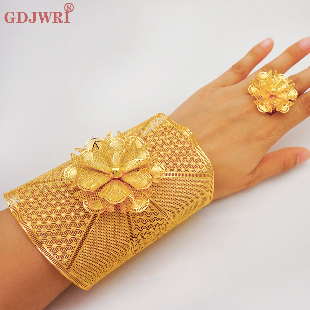 Frankrijk Luxe Chain Manchet Bangle & Ring Voor Vrouwen Dubai Goud Kleur Indiase Marokkaanse Grote Armband Sieraden Arabische Afrikaanse Bruiloft