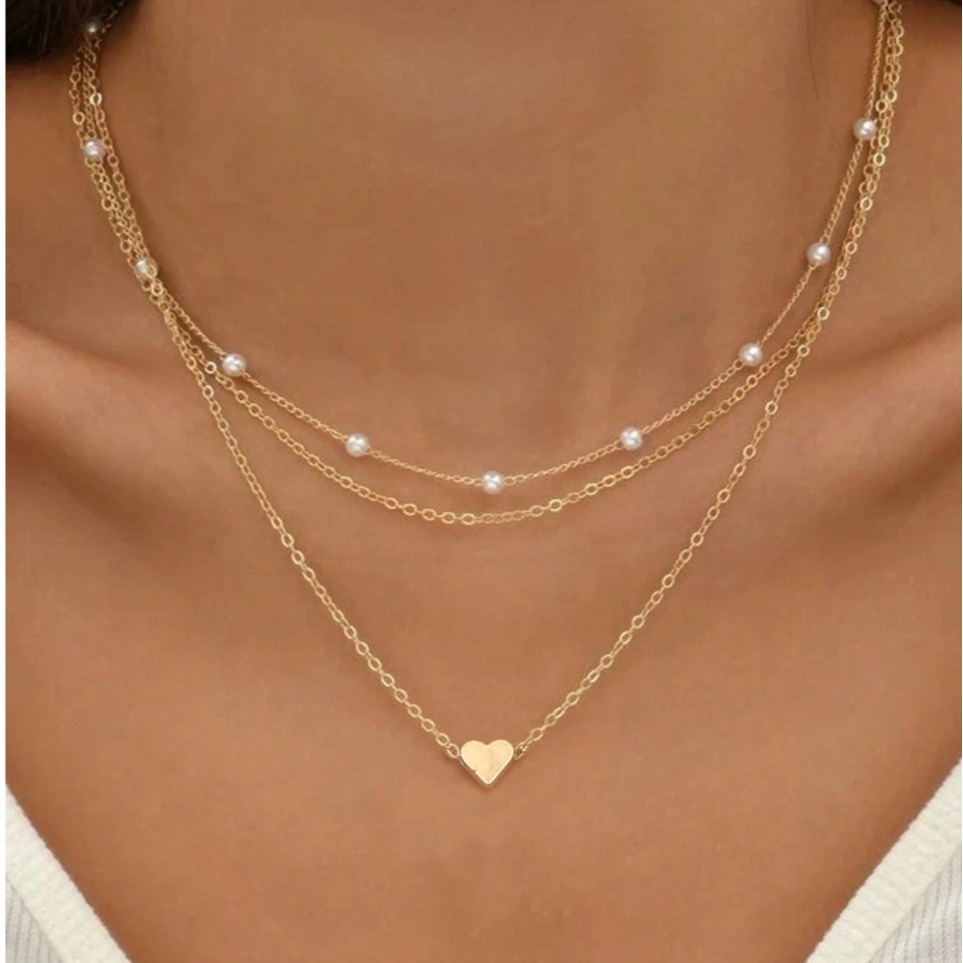 FTCY-Conjunto de collar de perlas para mujer, 3 uds., oro de 14 quilates, colgante de corazón de amor a la moda, resistente al agua, hipoalergénico, cadena para el cuello, joyería