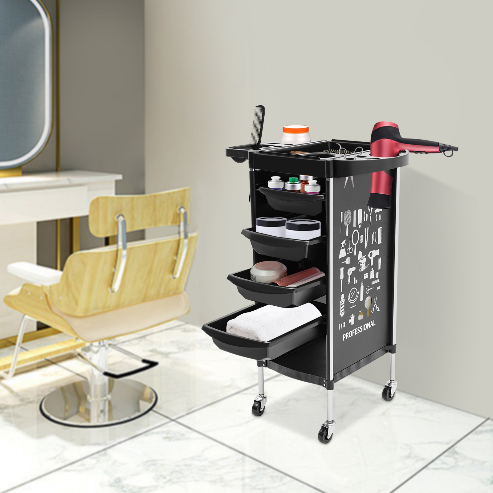 Carrello di bellezza per stilista carrello per parrucchiere carrello per barbiere con ruote e 4 cassetti estraibili nero