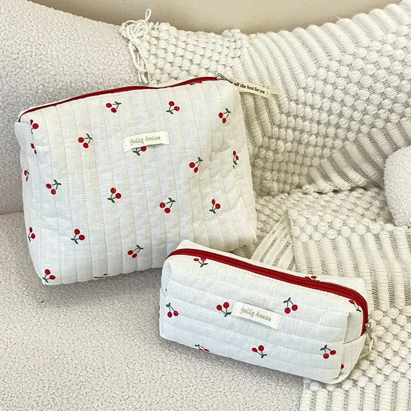 Bolsa de almacenamiento de viaje de algodón acolchado para mujer, bolsas de cosméticos Retro cereza para mujer, estuche de lápices de diseño bonito para niñas, bolsa de maquillaje, bolsos