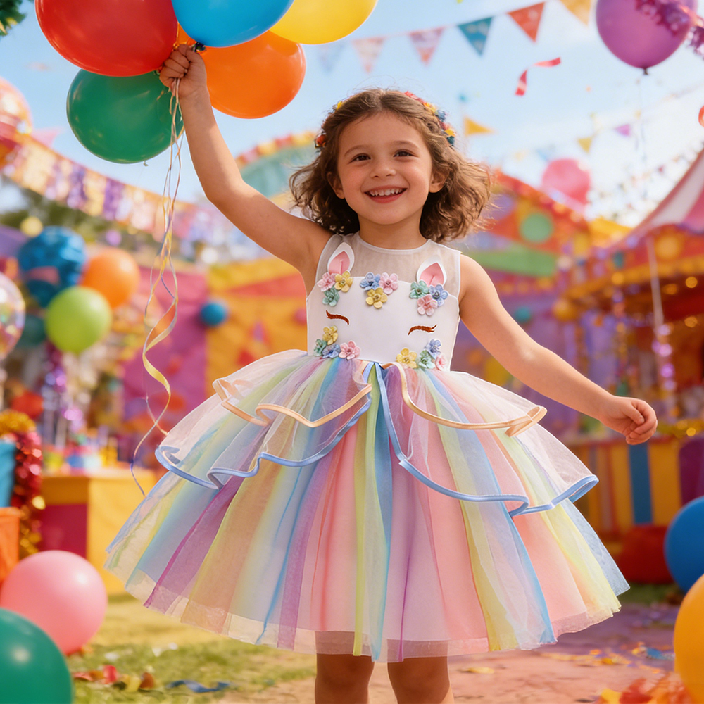 Crianças menina arco-íris vestido de princesa para carnaval vestido de aniversário meninas unicórnio tutu vestido colorido malha flor vestido de casamento à noite