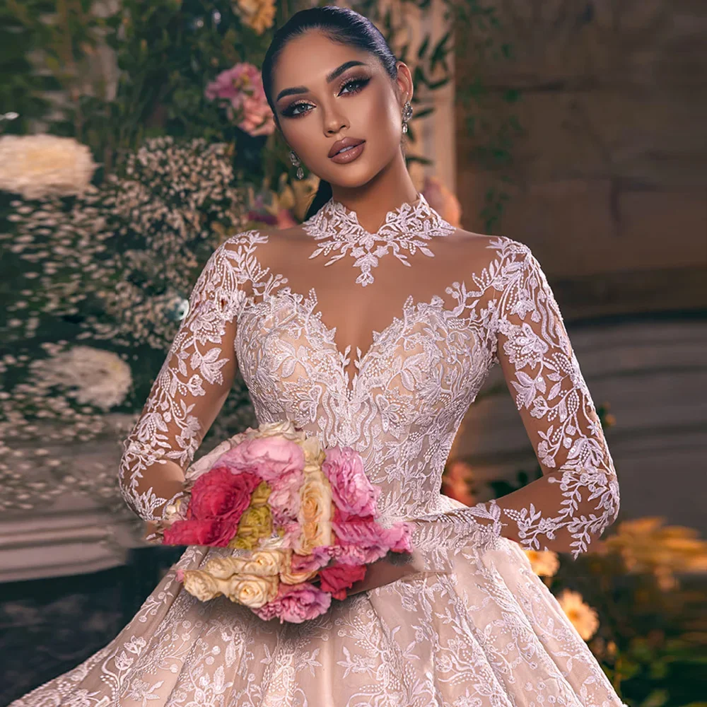Robe de mariée personnalisée à manches longues, col rond, style princesse, illusion, robe de mariée de luxe, Robe Mariage Vestidos Novia
