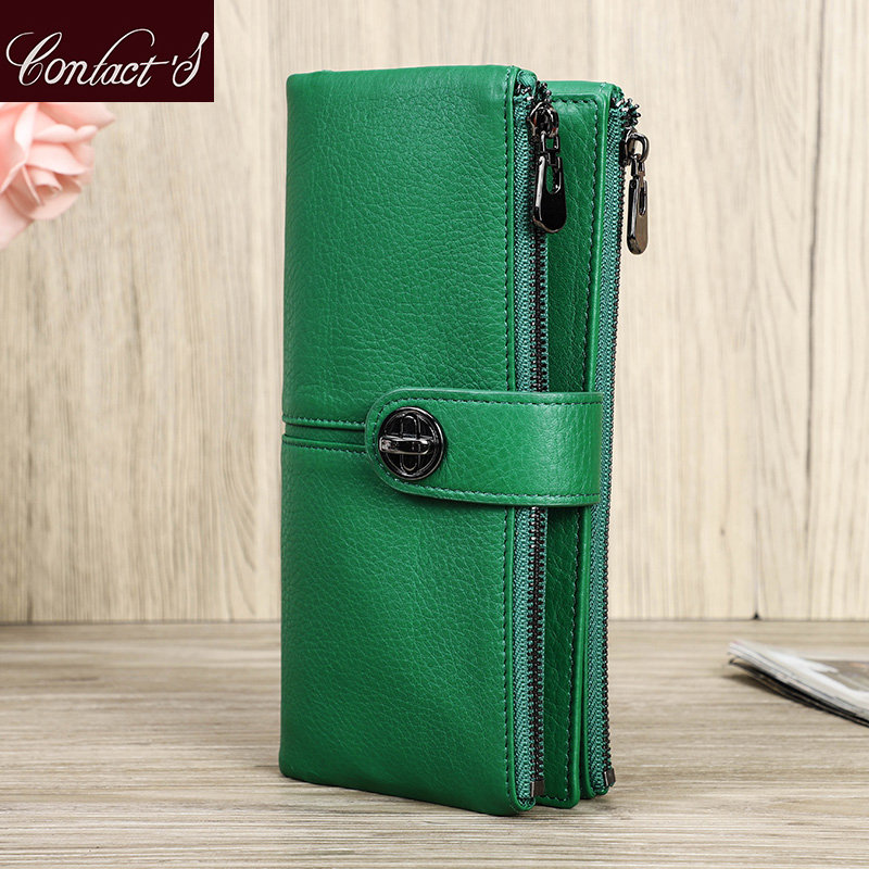 Portafoglio lungo in vera pelle Contact'S da donna con cerniera verde, tasca per telefono, portamonete con slot AirTag, pochette da donna