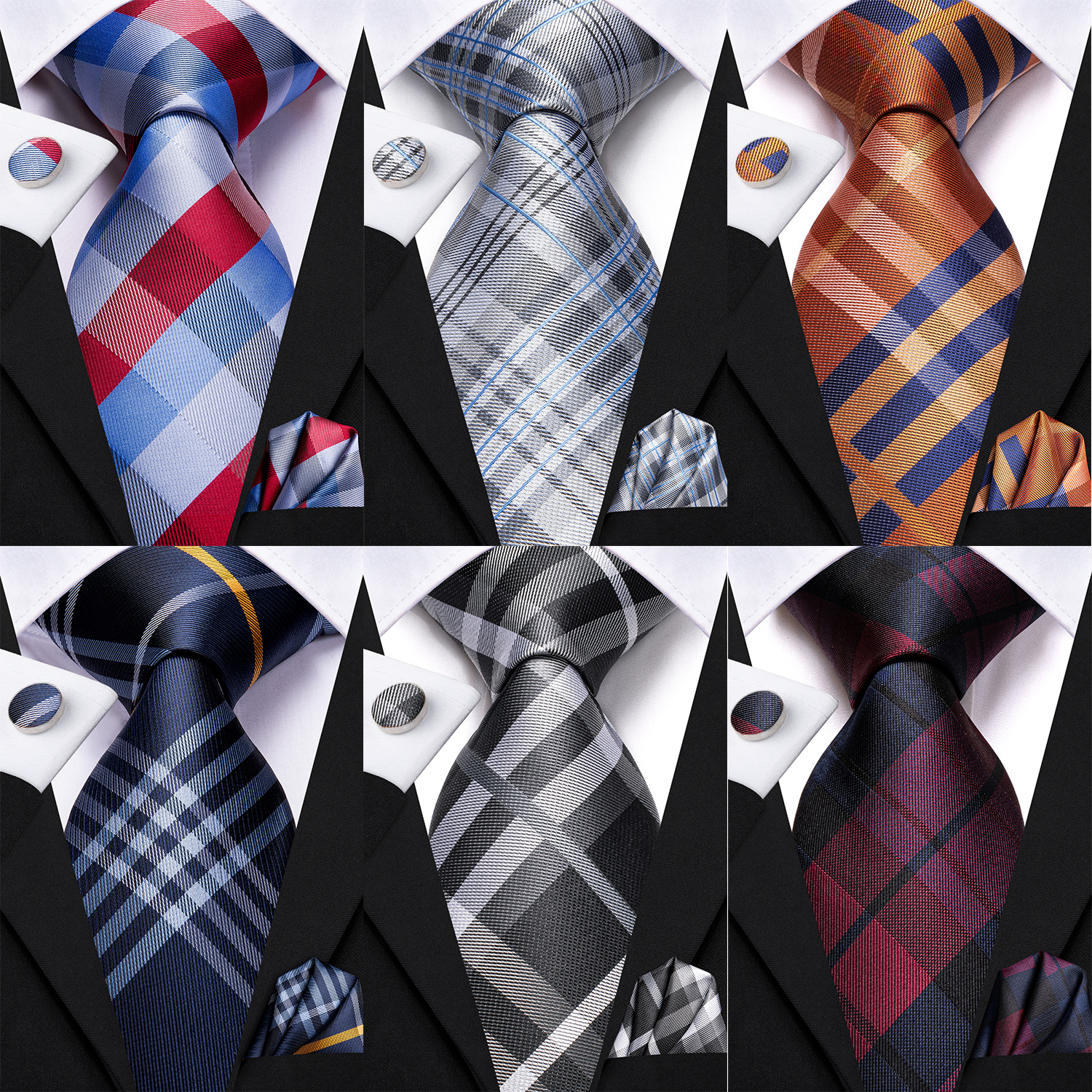 Gravata de Casamento Designer para Homens, Conjunto de Lenço de Bolso e Abotoaduras Xadrez Azul e Branco, Gravata de Moda Vermelha e Cinza para Homens, para Negócios e Festas, Atacado