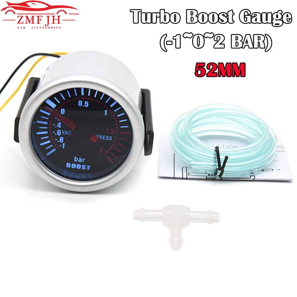 2 "52mm Auto Car Turbo Boost Gauge Uniwersalny 12V LED Smoke Len -1~0~2BAR Turbo Boost Gauge Meter z białym podświetleniem LED Volt