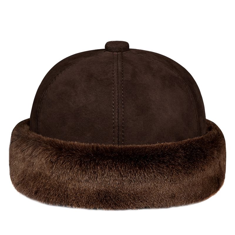 Topi Kulit Asli Mewah Musim Dingin dan Gugur Gaya Cina Berbulu Domba Tanpa Pinggiran Hangat Bulat untuk Pria Fashion