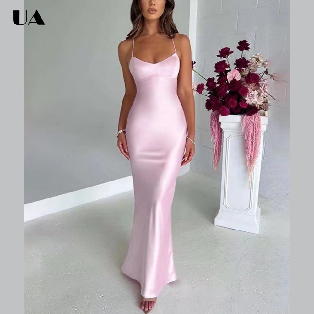 ULBYANRY Gaun Prom Seksi Tanpa Punggung dengan Tali Spaghetti, Gaun Pesta Mermaid Solid Elegan untuk Wanita, Gaun Maxi V-neck Sederhana