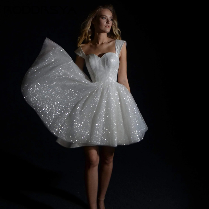 RODDRSYA Mini Wedding Dresses For Women Sparkling Tulle A-line Vestidos De Novia Princesa Sweetheart Off Shoulder Bride Party