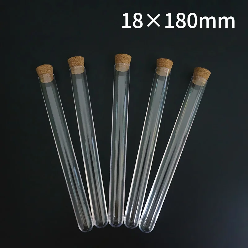 20 piezas 50 Uds 100 Uds 18x180mm tubos de ensayo de plástico transparente con tapones de corcho recuerdo de boda tubo de regalo laboratorio escuela