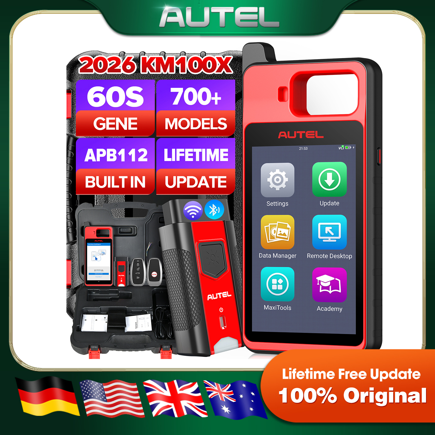 Herramienta de programación de llavero inmovilizador Autel MaxiIM KM100 KM100（X）, generación de llaves OBD IMMO, lectura/edición/clonación de chip de aprendizaje de llave, 60 segundos