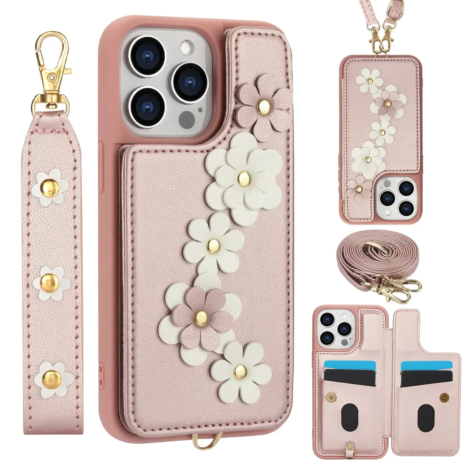Чехол Pro Max Plus для iPhone 16, 15, 14, кошелек с держателем для карт, кошелек через плечо с милым цветочным дизайном, чехол с магнитной подставкой