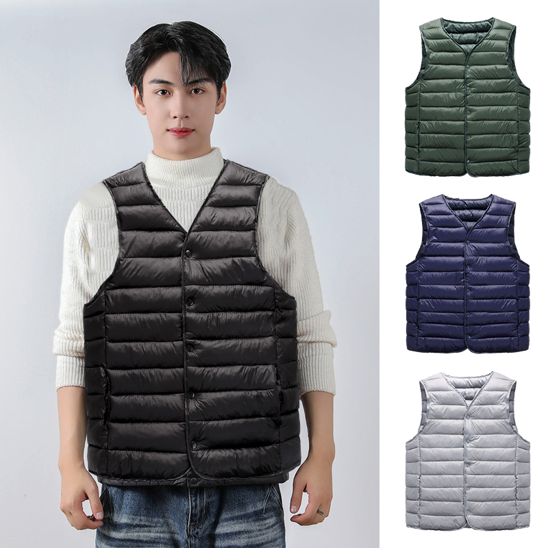 男性用の超軽量ベスト,ポータブル,ノースリーブ,Vネック,白と黒,暖かい裏地付き,基本的なスタイル,5xl,冬