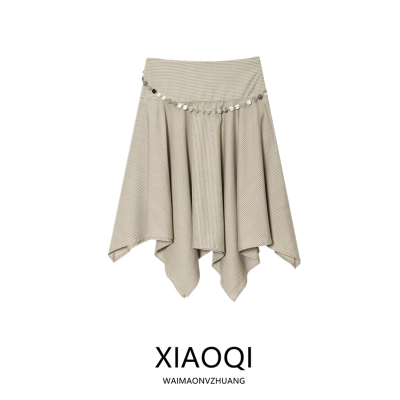 Summer 2025 New Asymmetric Midi Skirt Women's Faion Stripe Belt f-length Skirts Casual Sle mid Waist Design Loose Fit