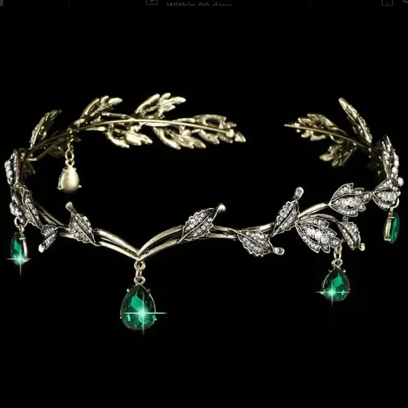 Tiaras de corona de hadas verde esmeralda de bronce Vintage, Tiara de elfo con hojas de cristal, Bandana, accesorios para el cabello para mujer, joyería para disfraz