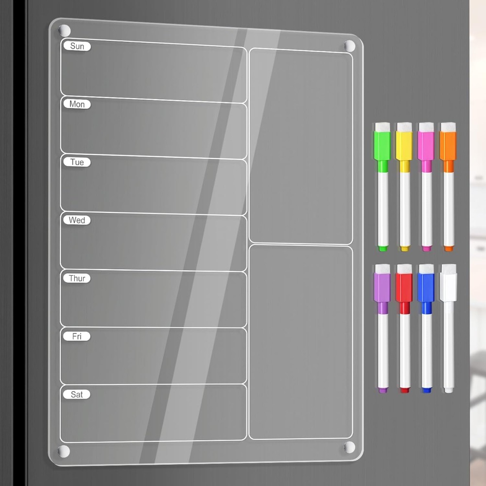 Tableau de menu magnétique en acrylique pour planificateur de repas, 1 pièce, calendrier hebdomadaire transparent pour réfrigérateur de cuisine avec 8 marqueurs, tableau de notes pour réfrigérateur