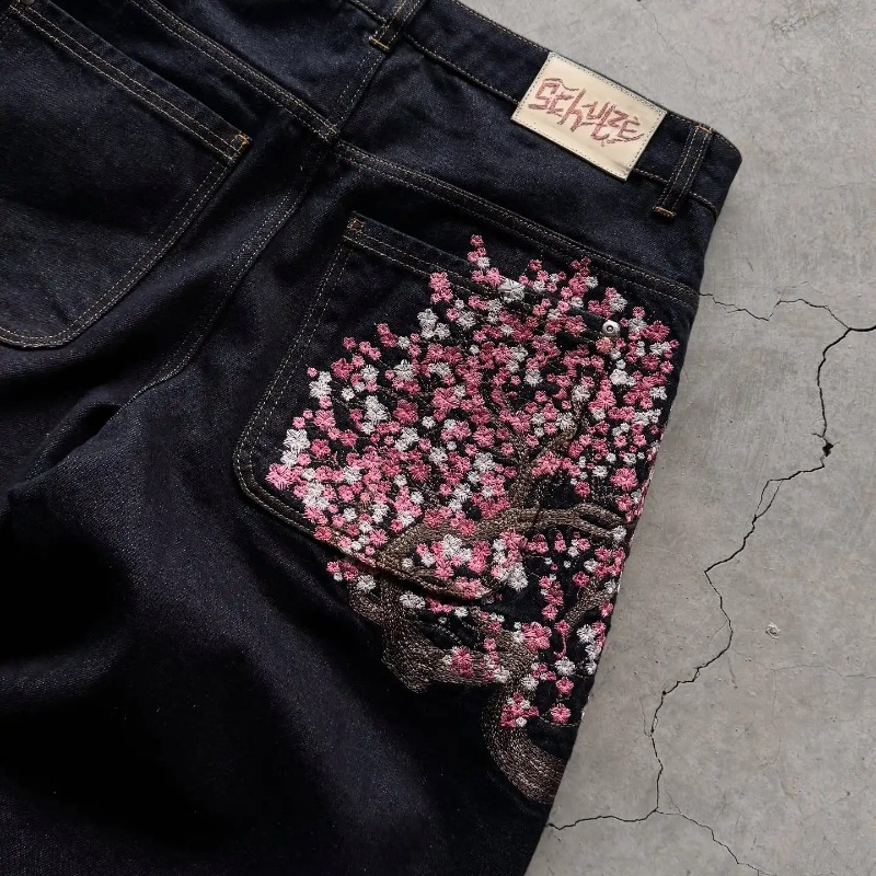 Y2K pantalones vaqueros holgados con orillo de flor de cerezo, pantalones vaqueros bordados para hombres y mujeres, tela vaquera, ropa de calle americana de hip hop, pantalones vaqueros de pierna ancha