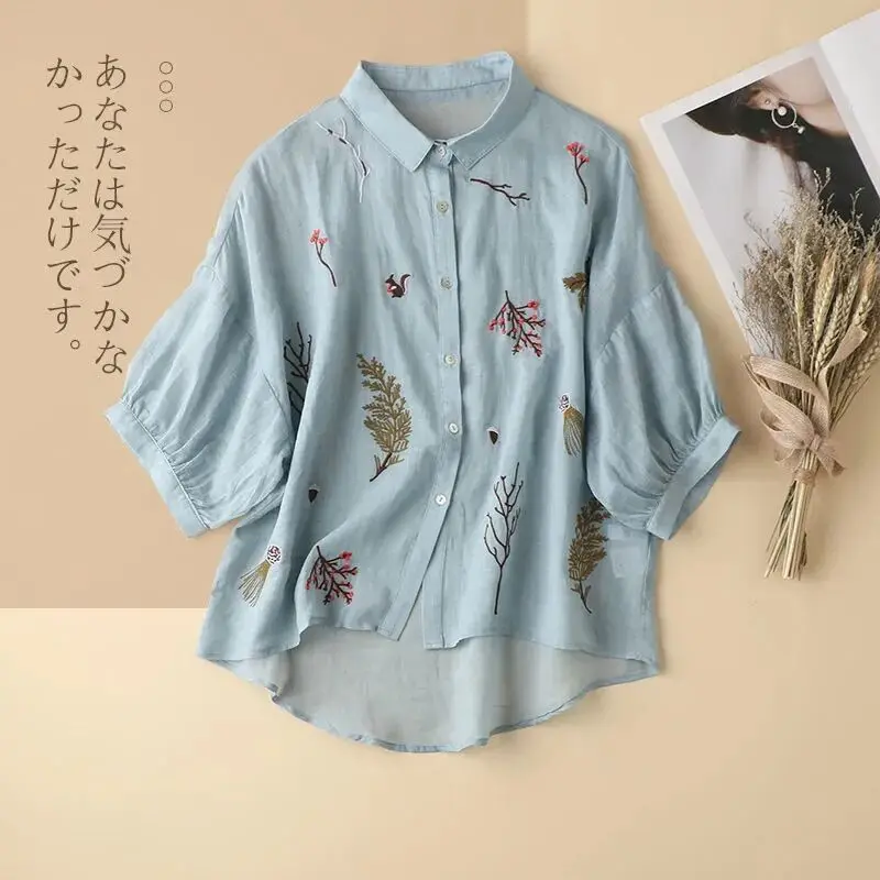 Camicia estiva ricamata in lino di cotone a sette punti per le donne 2024 nuovo temperamento sciolto letterario risvolto Top Casual per le donne Top