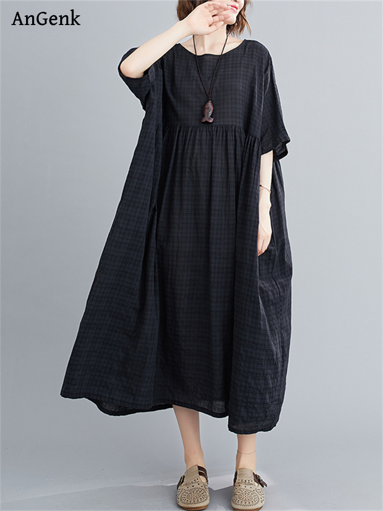 Robe longue décontractée noire en coton vintage à manches courtes et couleur unie pour femme – Collection été 2026 – Vêtement élégant
