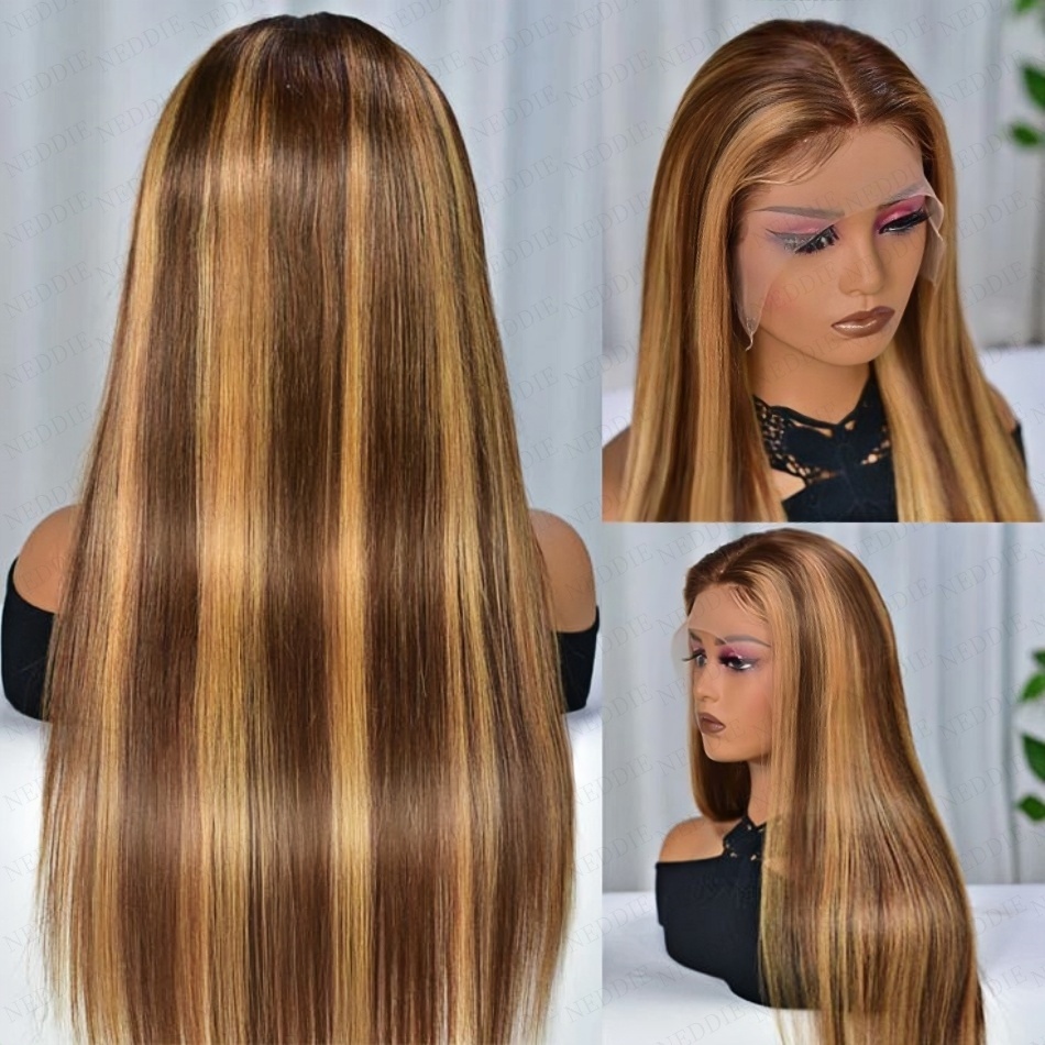 Perruque Lace Frontal Wig naturelle lisse à reflets 13x6 Hd, cheveux humains, 13x4 Hd, couleur P4/27, pre-plucked, pour femmes