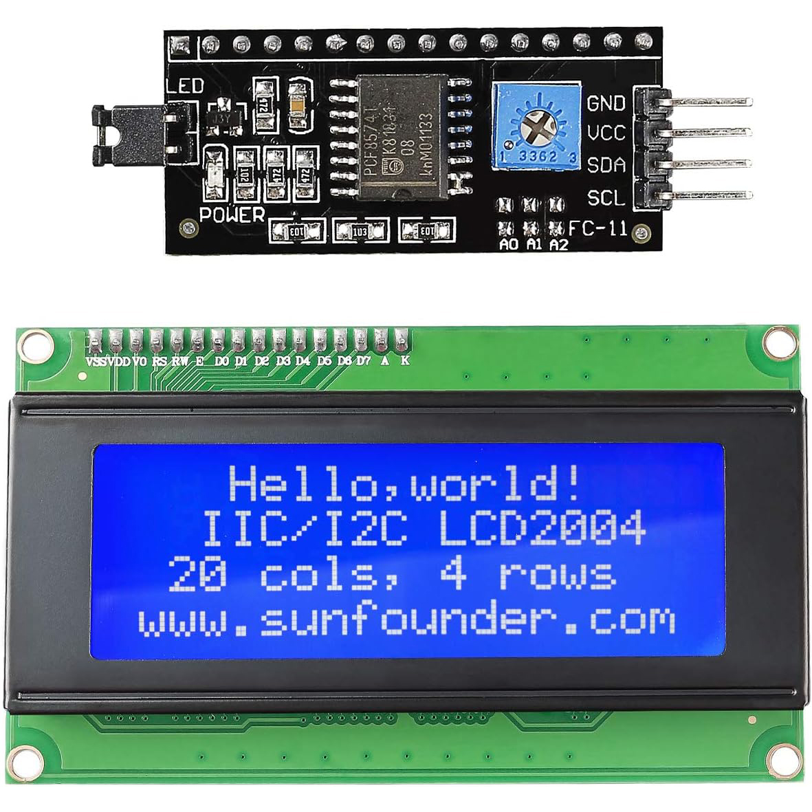 LCD2004 + I2C 2004 20x4 2004A pantalla azul/verde HD44780 LCD de caracteres/con módulo adaptador de interfaz serie IIC/I2C para arduino