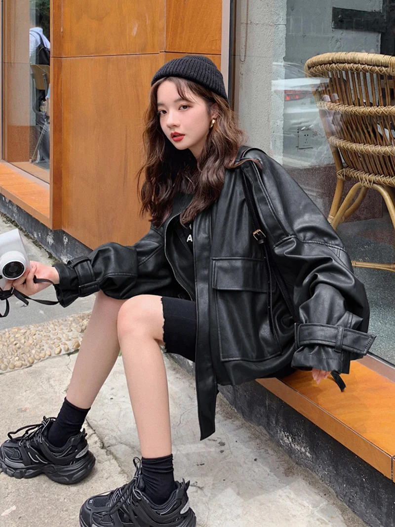 2025 neue Frühjahr Mode Frauen Leder Mantel Übergroßen Leder Jacke Frauen Kurze Schwarz PU Leder Jacken Weibliche Mode Jacke