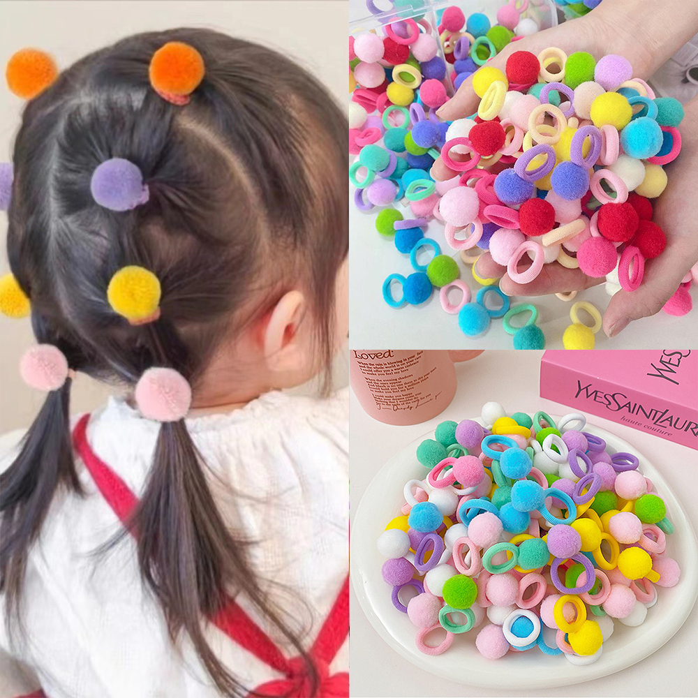 10 pares de faixas elásticas para cabelo de meninas, faixas de borracha com bola de pelúcia, doces, laços de cabelo, cor aleatória, acessórios para cabelo de crianças