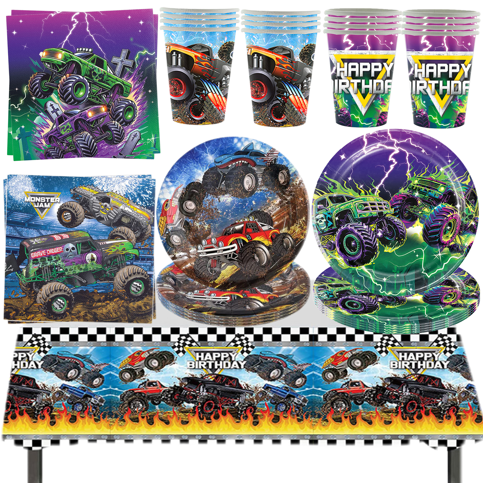 Monster Truck Partyzubehör Einweggeschirr Teller Serviettenbanner Tischdecke für Kinder Jungen 2. Geburtstag Partydekorationen