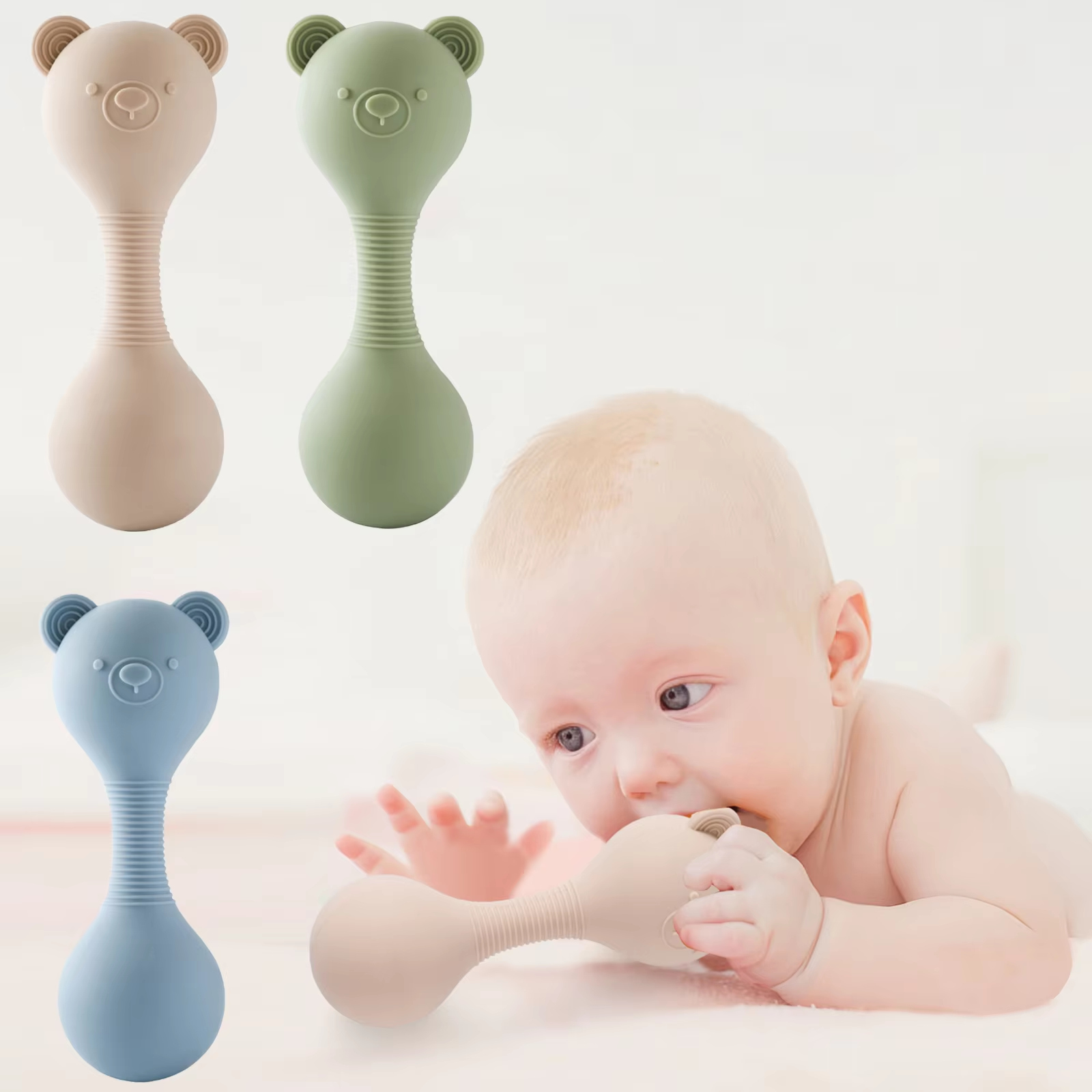 Sonajeros para bebé, Maracas de silicona, juguetes de oso de dibujos animados, martillo de arena, juguetes para bebé de 0 a 12 meses, sonajero, juguetes mordedores de silicona para regalo de bebé